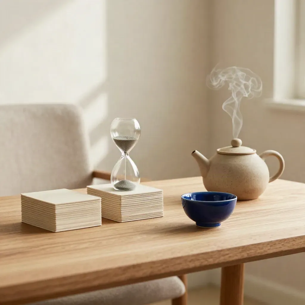 Rustige intakehoek met kaarten, theepot en zandloper op een lage eiken tafel in zacht daglicht.
