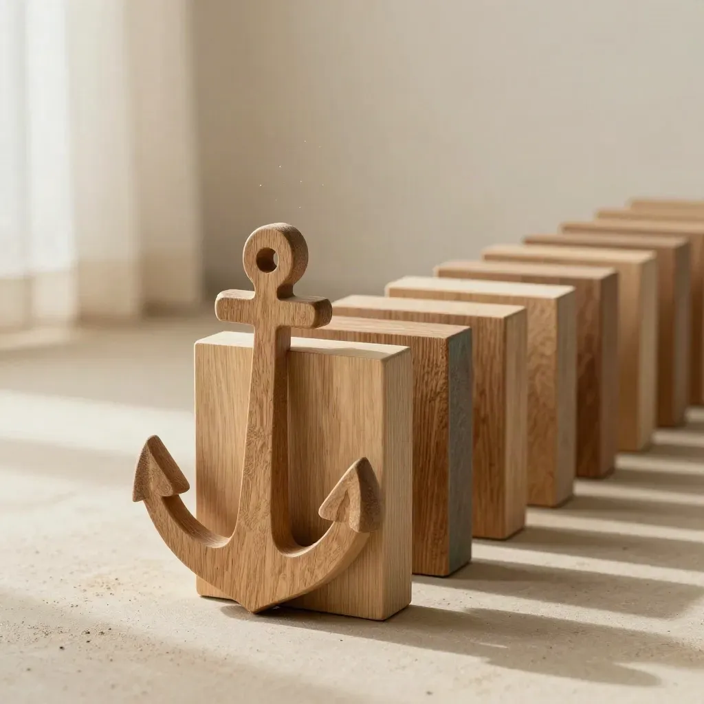 Houten richtingblokjes op een zandkleurige vloer, allemaal dezelfde kant op.