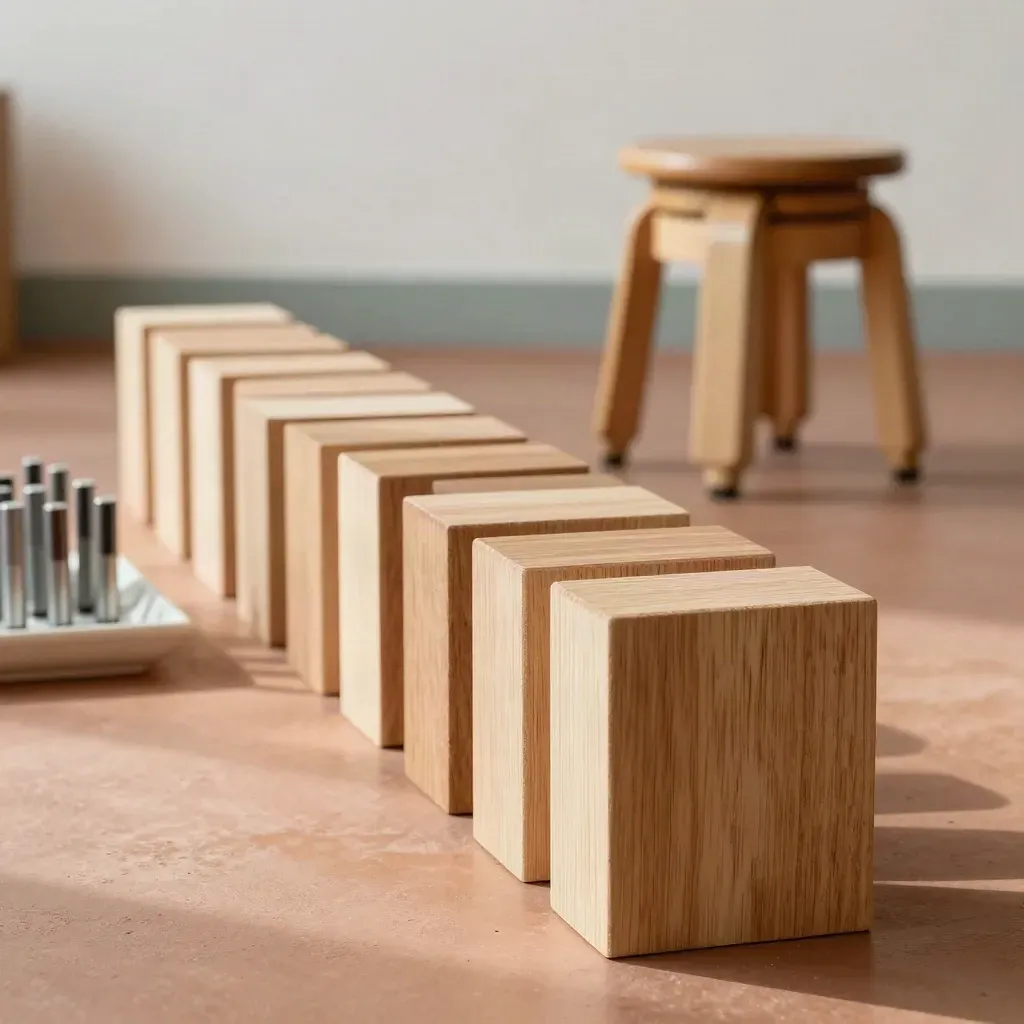 Close-up van houten keuze-blokken, markers en gestapelde stoelen in een lichte workshopruimte.