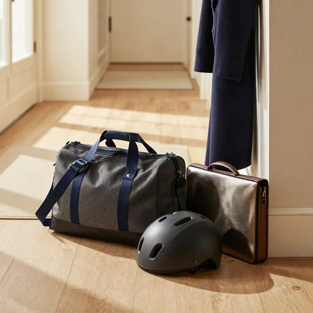 Rustige entree met reistas, helm en laptoptas bij de deur in zacht ochtendlicht.