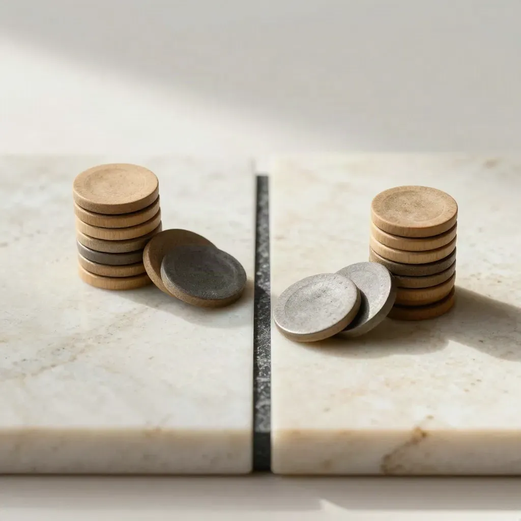 Twee stapels beslissings-tokens in zand en grafiet naast een stenen scheiding.