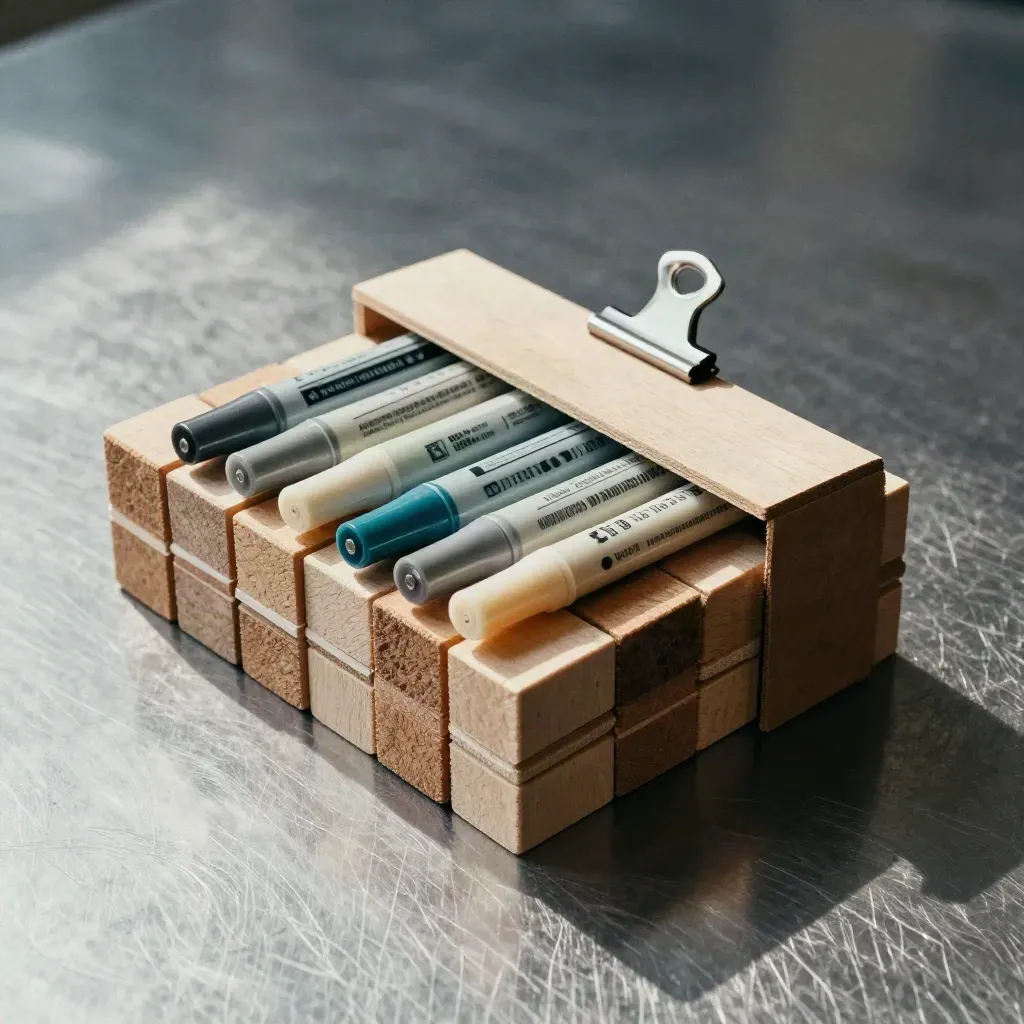 Workshopmarkers, houten blokken en een klem op geborsteld staal in dramatisch licht.