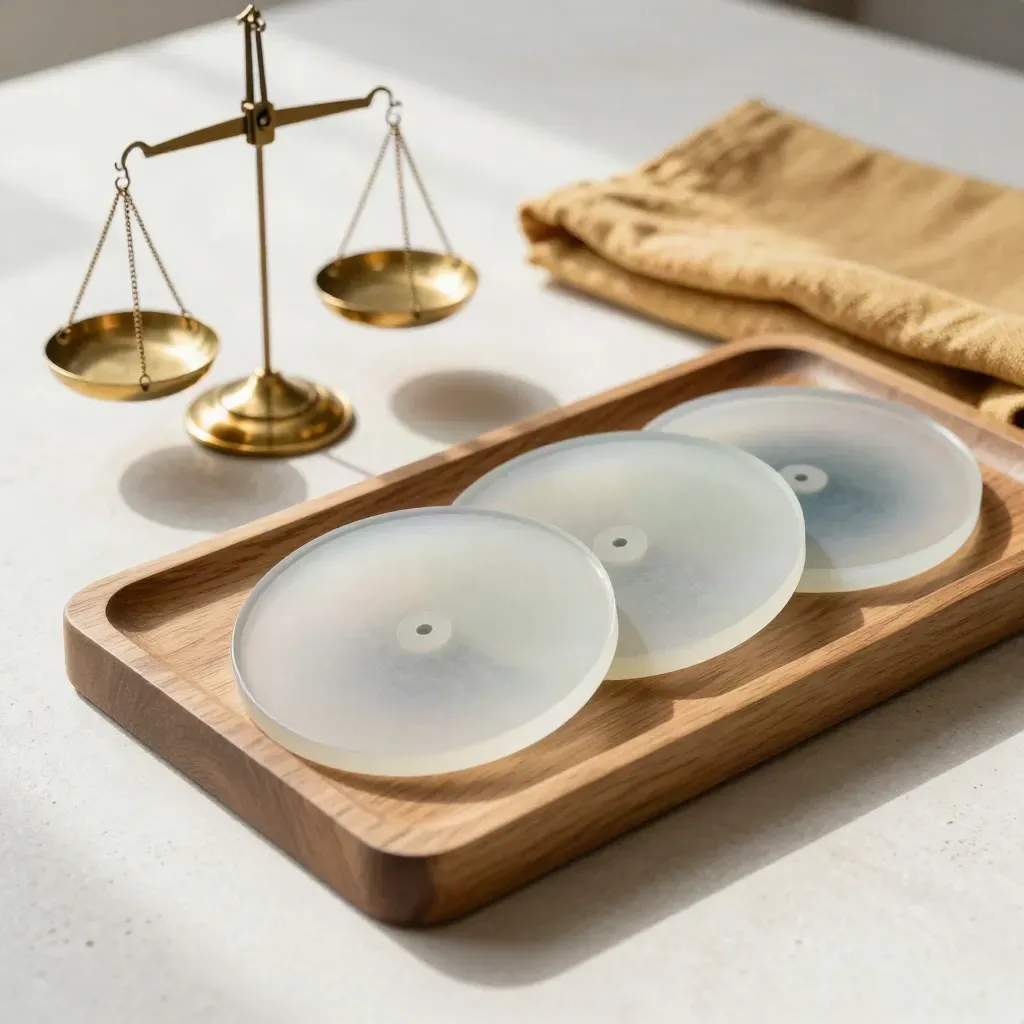 Vier doorschijnende keuzeschijven en een brasschaal op een eiken tray, zacht belicht.