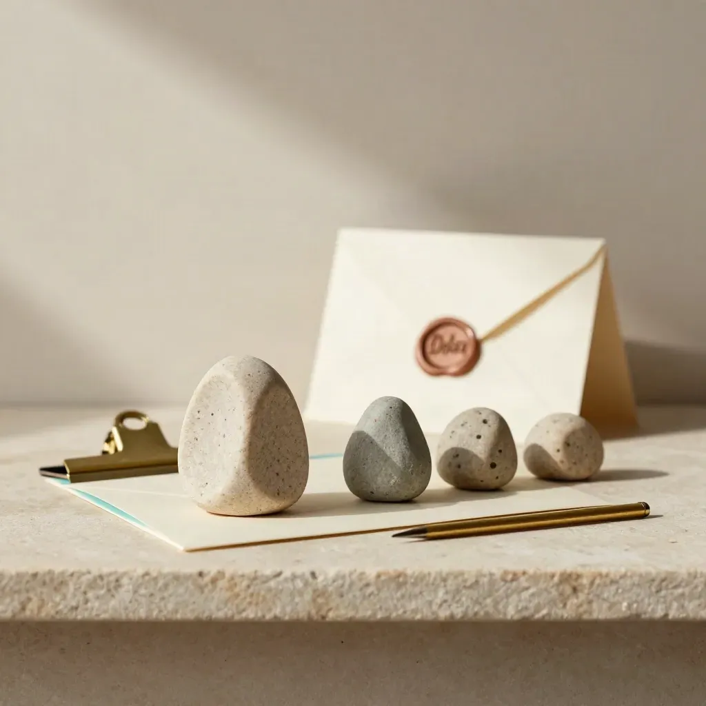 Keuzetokens op een stenen plank met verzegelde envelop en koperen klem, zacht zijlicht.