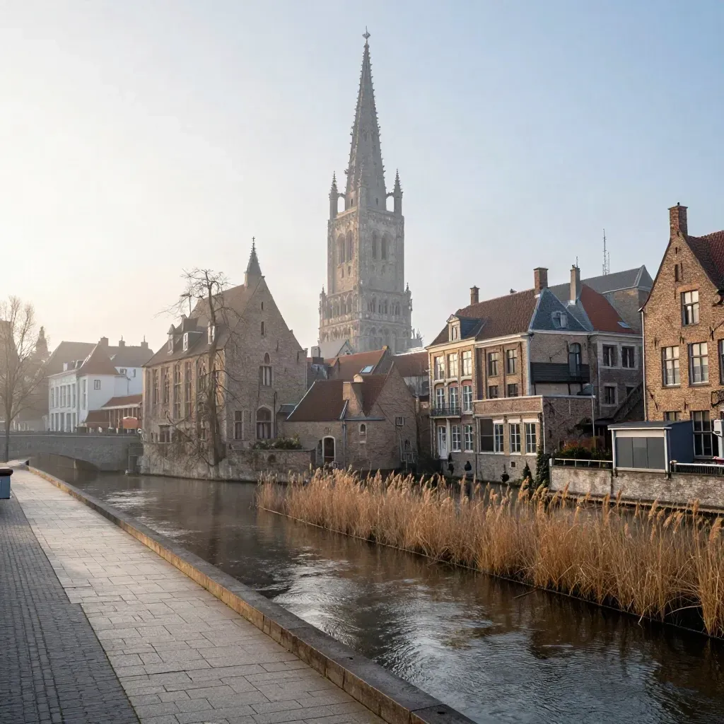 De Domtoren in ochtendmist boven Utrecht met water en riet langs de oever.