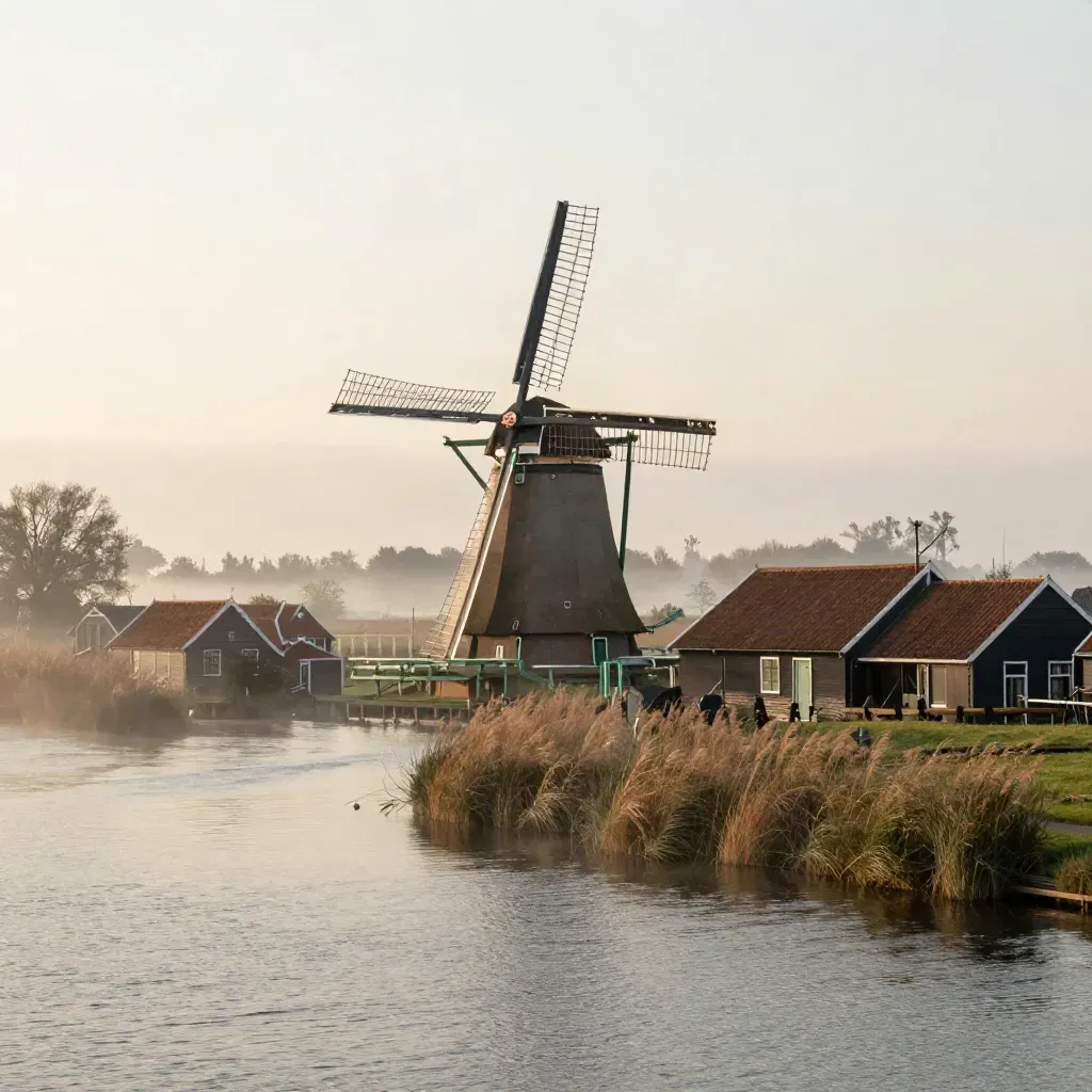 Zaanse windmolen boven mistig water en dorpdaken in Noord-Holland, met rustige ruimte voor koptekst
