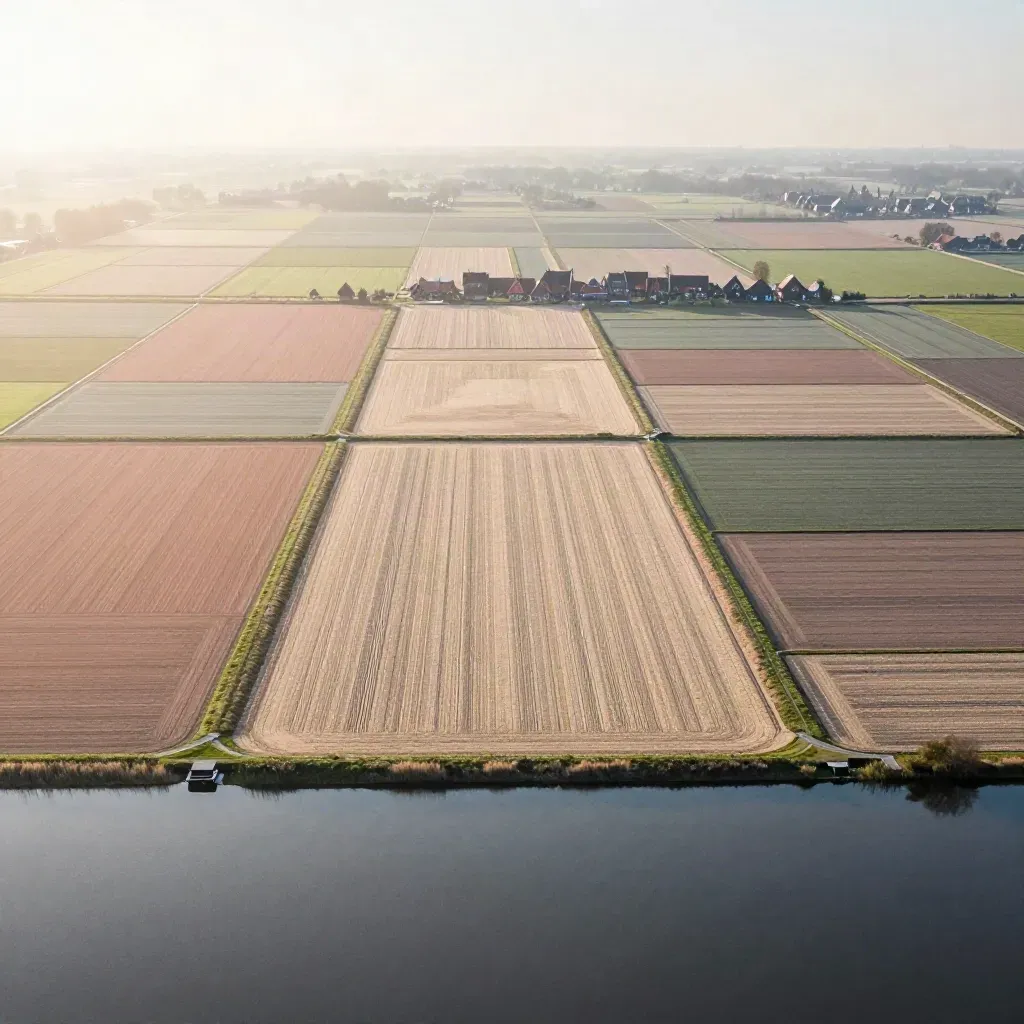 Luchtfoto van een polderlandschap met sloten, dijken en zachte mist.